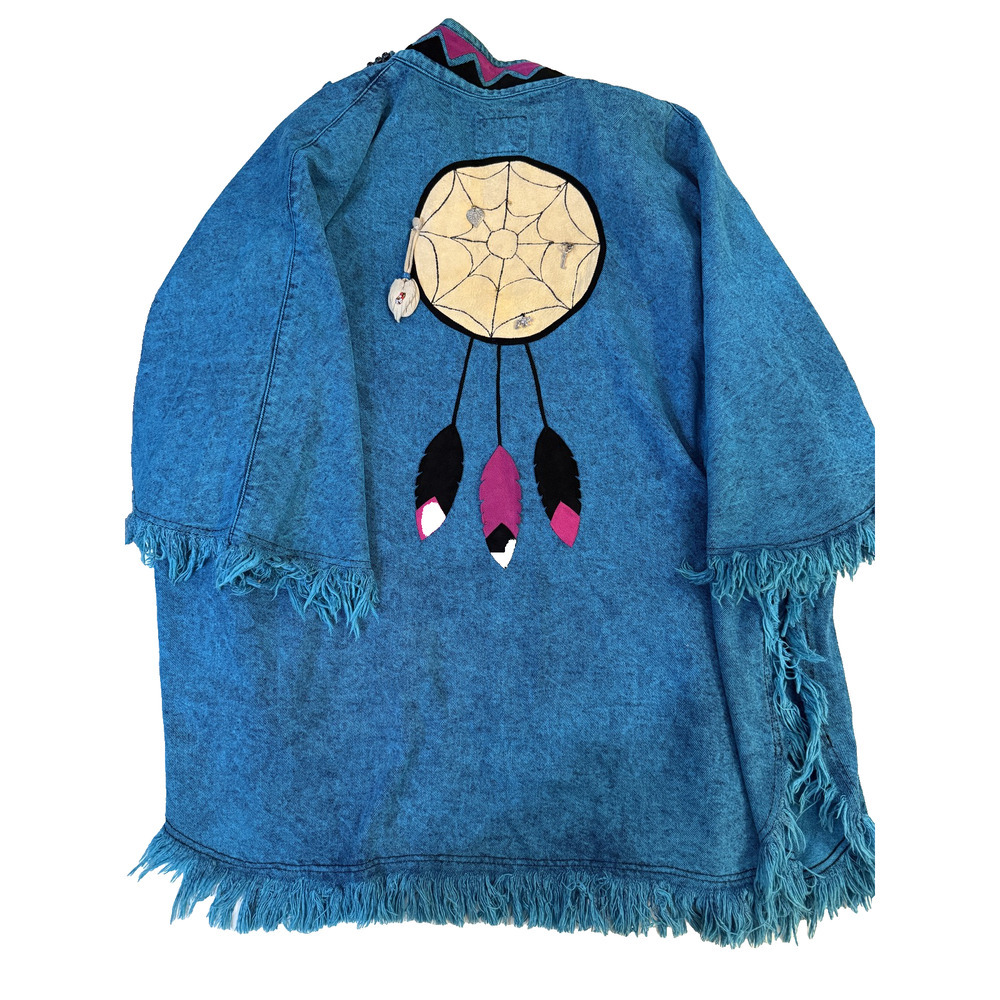 Vintage 90s Aztec‎ Jacket Womens LG Denim Western Fringed Dreamcatcher Poncho